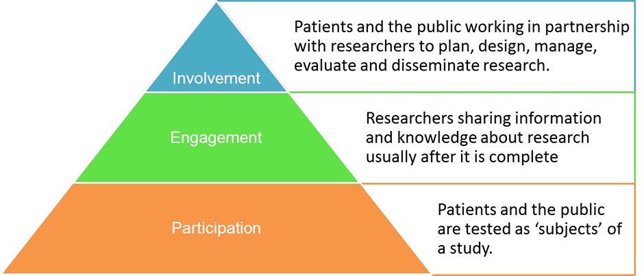 Pyramid showing the differences between participation, engagement and involvement.